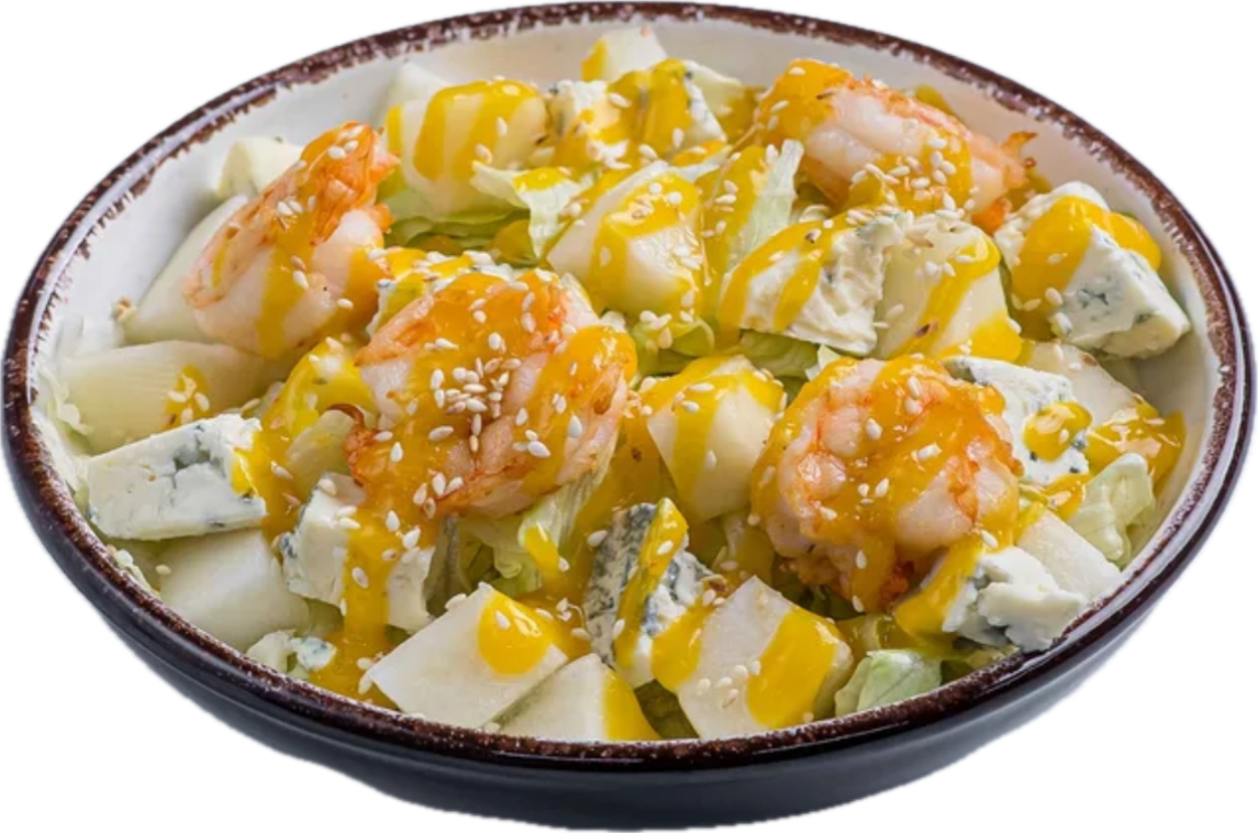 Салат с тигровой креветкой, грушей и сыром Дор Блю